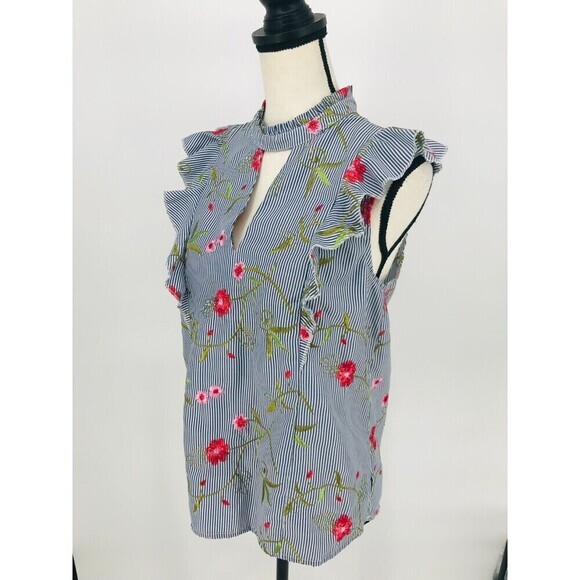 BCBGeneration Blue White Pinstripe Floral Embroidered High Neck Ruffle Top Small - Picture 2 of 12